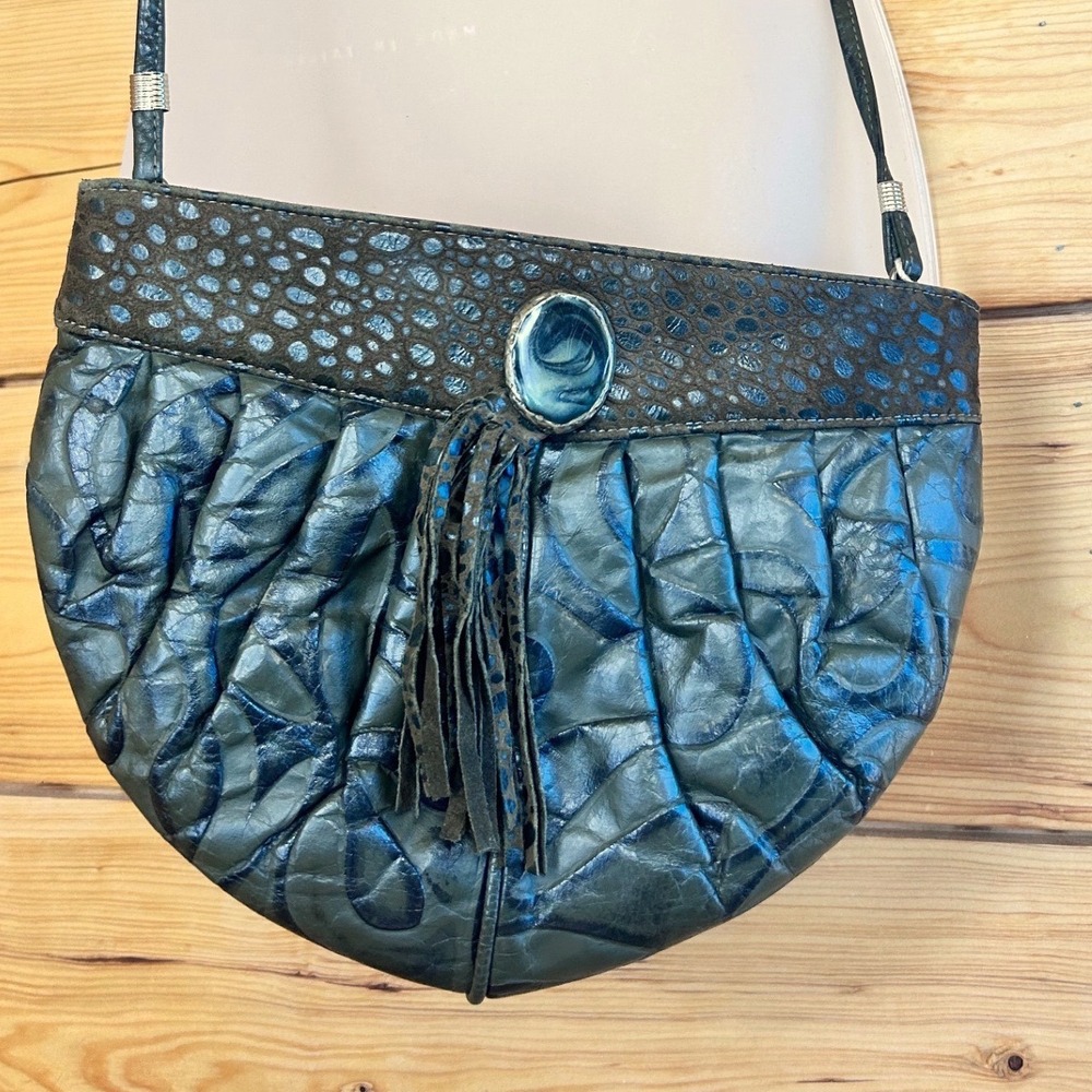 Mimo Sacs Vintage Olive Green Leather Crossbody Bag Ruche Tassel Cabochon Canada